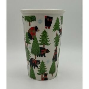 DEI Christmas Bear Mug Plaid Scarf Black Bears & Pine Trees Holiday Coffee Cup